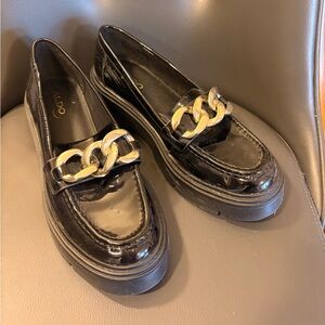 ALDO Black Patent Loafers with Gold Chain Accent